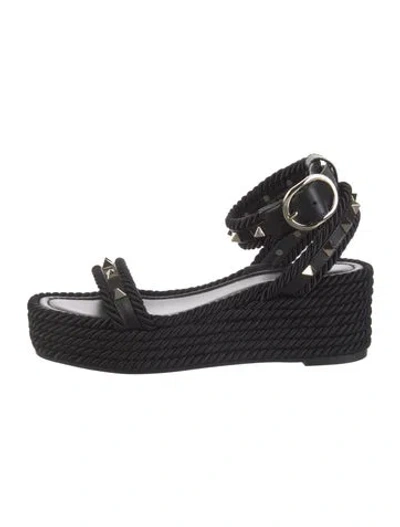 Pre-owned Valentino Garavani Rockstud Accents Leather Espadrilles In Black