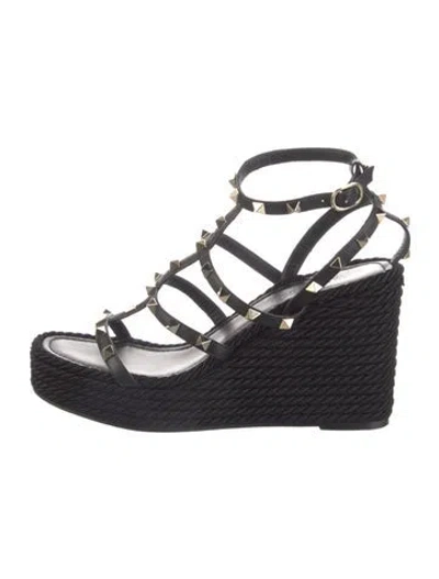 Pre-owned Valentino Garavani Rockstud Accents Leather Espadrilles In Black