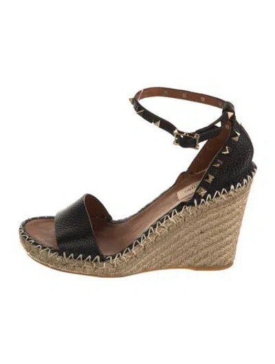 Pre-owned Valentino Garavani Rockstud Accents Leather Espadrilles In Black