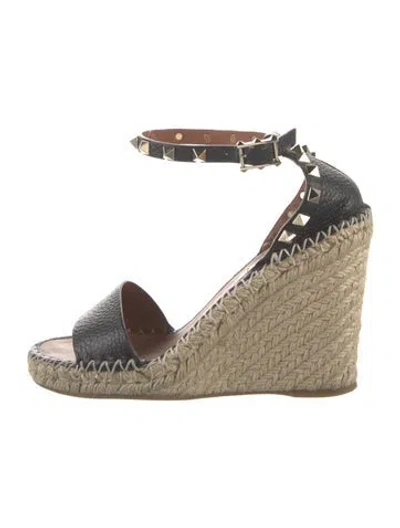 Pre-owned Valentino Garavani Rockstud Accents Leather Espadrilles In Black