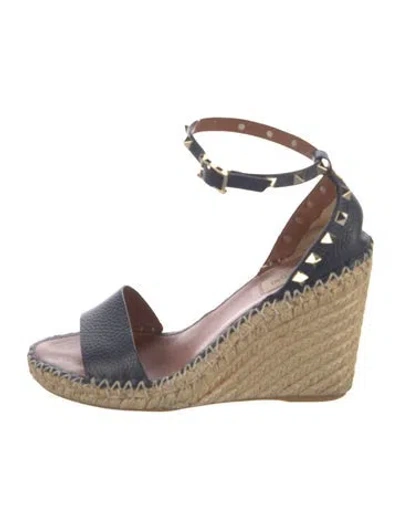 Pre-owned Valentino Garavani Rockstud Accents Leather Espadrilles In Black