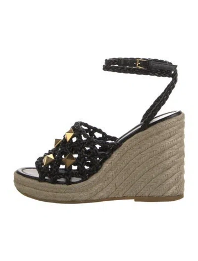 Pre-owned Valentino Garavani Rockstud Accents Leather Espadrilles In Black