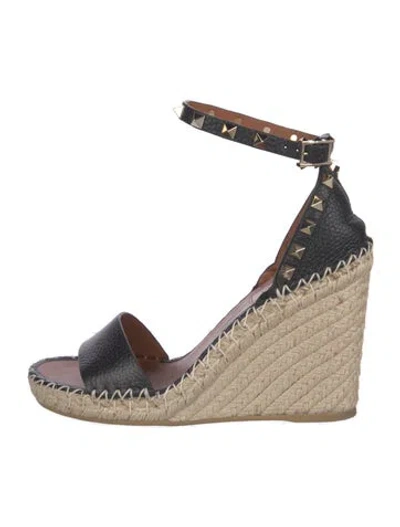 Pre-owned Valentino Garavani Rockstud Accents Leather Espadrilles In Black