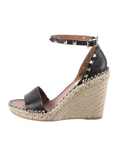 Pre-owned Valentino Garavani Rockstud Accents Leather Espadrilles In Black