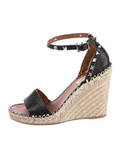 Pre-owned Valentino Garavani Rockstud Accents Leather Espadrilles In Black