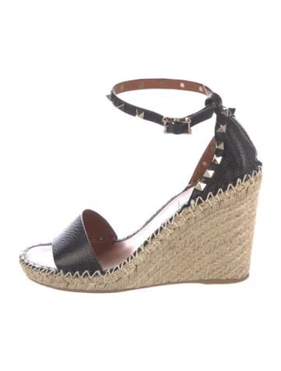 Pre-owned Valentino Garavani Rockstud Accents Leather Espadrilles In Black