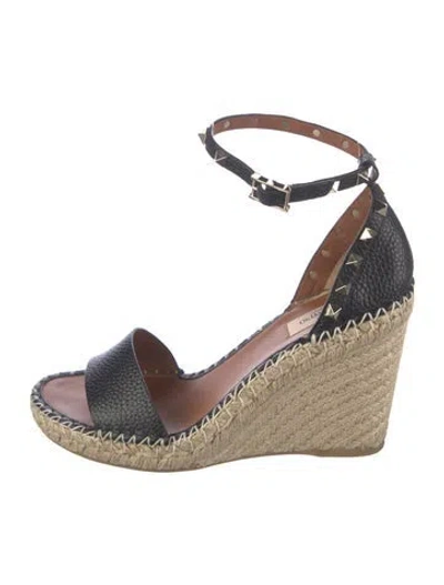 Pre-owned Valentino Garavani Rockstud Accents Leather Espadrilles In Black