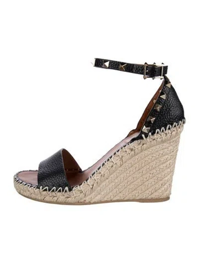 Pre-owned Valentino Garavani Rockstud Accents Leather Espadrilles In Black