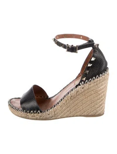 Pre-owned Valentino Garavani Rockstud Accents Leather Espadrilles In Black