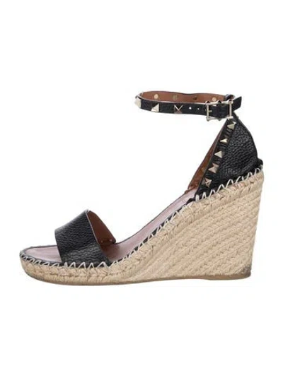 Pre-owned Valentino Garavani Rockstud Accents Leather Espadrilles In Black