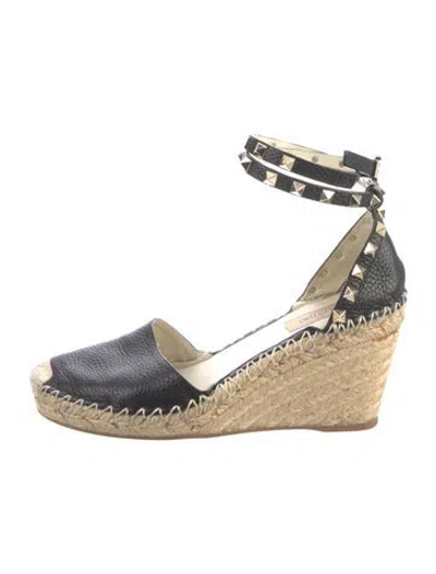 Pre-owned Valentino Garavani Rockstud Accents Leather Espadrilles In Black