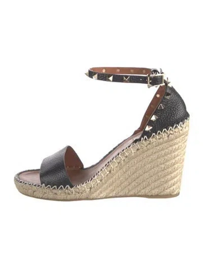 Pre-owned Valentino Garavani Rockstud Accents Leather Espadrilles In Black