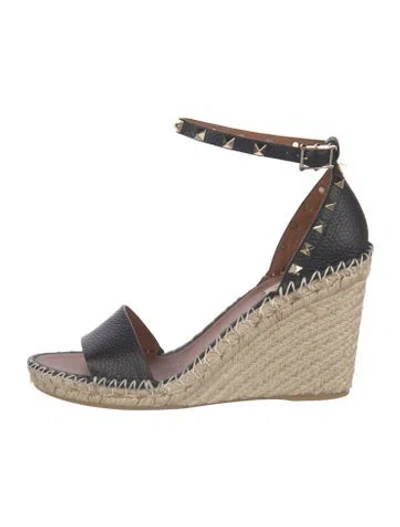Pre-owned Valentino Garavani Rockstud Accents Leather Espadrilles In Black/neutrals