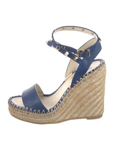 Pre-owned Valentino Garavani Rockstud Accents Leather Espadrilles In Blue