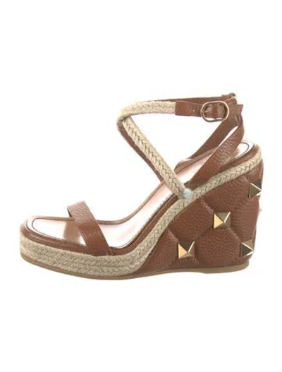 Pre-owned Valentino Garavani Rockstud Accents Leather Espadrilles In Brown