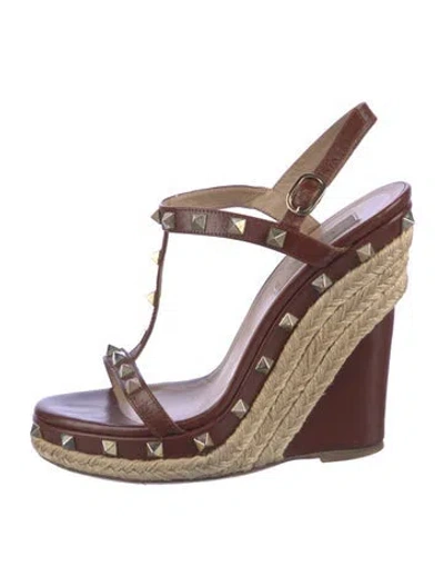 Pre-owned Valentino Garavani Rockstud Accents Leather Espadrilles In Brown