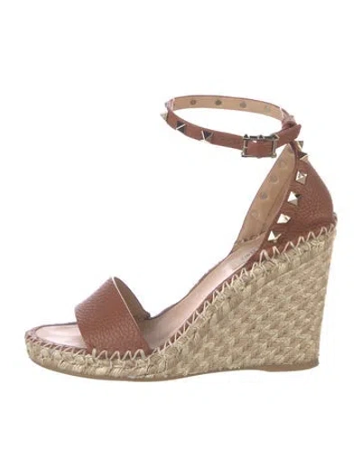 Pre-owned Valentino Garavani Rockstud Accents Leather Espadrilles In Brown