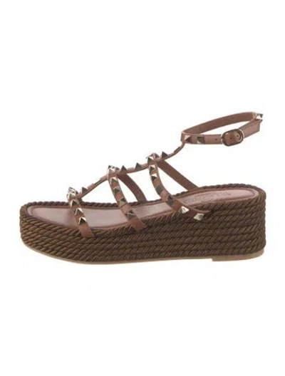 Pre-owned Valentino Garavani Rockstud Accents Leather Espadrilles In Brown