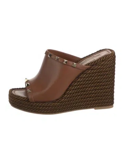 Pre-owned Valentino Garavani Rockstud Accents Leather Espadrilles In Brown