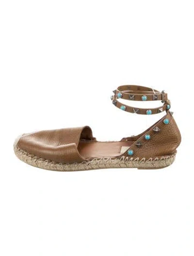 Pre-owned Valentino Garavani Rockstud Accents Leather Espadrilles In Brown