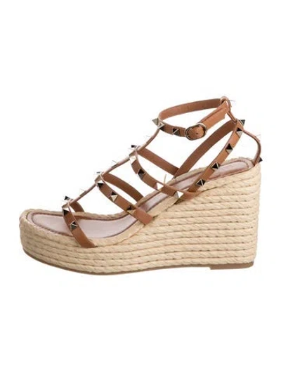 Pre-owned Valentino Garavani Rockstud Accents Leather Espadrilles In Brown