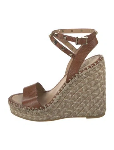 Pre-owned Valentino Garavani Rockstud Accents Leather Espadrilles In Brown