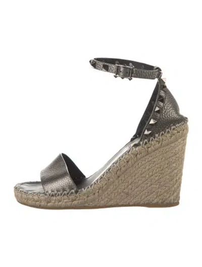 Pre-owned Valentino Garavani Rockstud Accents Leather Espadrilles In Gray