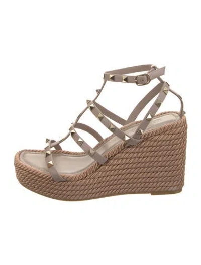 Pre-owned Valentino Garavani Rockstud Accents Leather Espadrilles In Neutral