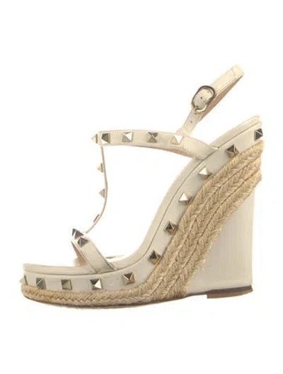 Pre-owned Valentino Garavani Rockstud Accents Leather Espadrilles In Neutral