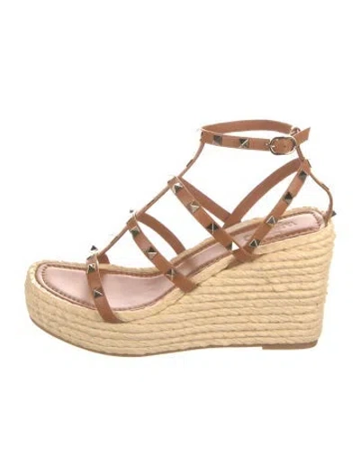 Pre-owned Valentino Garavani Rockstud Accents Leather Espadrilles W/ Tags In Brown