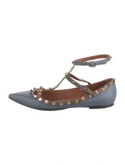 Pre-owned Valentino Garavani Rockstud Accents Leather Flats In Blue