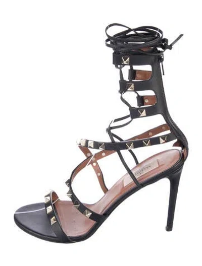 Pre-owned Valentino Garavani Rockstud Accents Leather Gladiator Sandals In Black