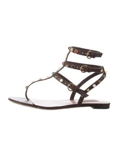 Pre-owned Valentino Garavani Rockstud Accents Leather Gladiator Sandals In Brown