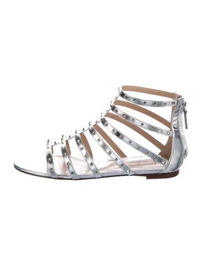 Pre-owned Valentino Garavani Rockstud Accents Leather Gladiator Sandals In Metallic/silver
