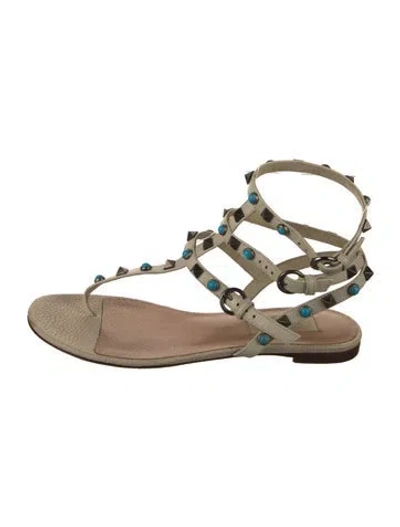 Pre-owned Valentino Garavani Rockstud Accents Leather Gladiator Sandals In Neutral