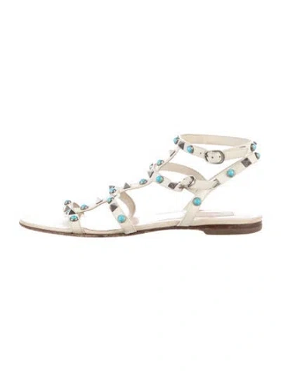 Pre-owned Valentino Garavani Rockstud Accents Leather Gladiator Sandals In Neutral