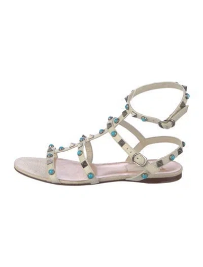 Pre-owned Valentino Garavani Rockstud Accents Leather Gladiator Sandals In Neutrals