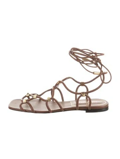 Pre-owned Valentino Garavani Rockstud Accents Leather Gladiator Sandals W/ Tags In Brown