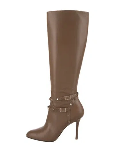 Pre-owned Valentino Garavani Rockstud Accents Leather Lace-up Boots In Brown
