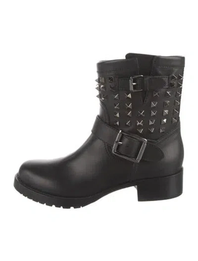 Pre-owned Valentino Garavani Rockstud Accents Leather Moto Boots In Black
