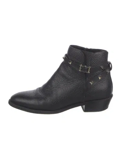Pre-owned Valentino Garavani Rockstud Accents Leather Moto Boots In Black