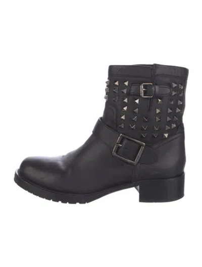 Pre-owned Valentino Garavani Rockstud Accents Leather Moto Boots In Black