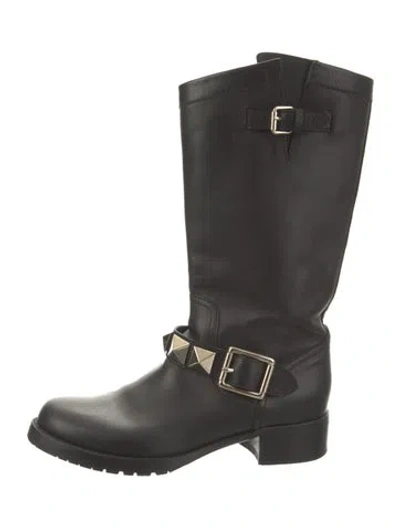 Pre-owned Valentino Garavani Rockstud Accents Leather Moto Boots In Black
