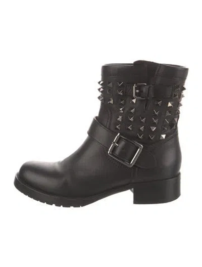 Pre-owned Valentino Garavani Rockstud Accents Leather Moto Boots In Black