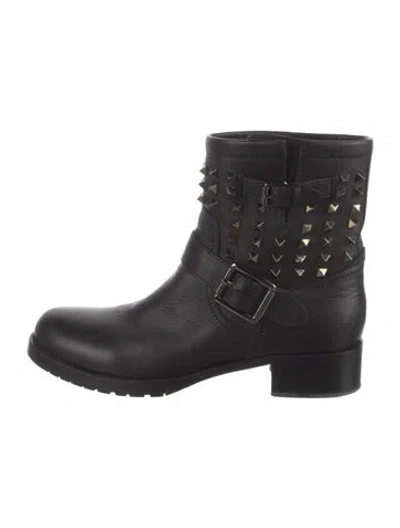 Pre-owned Valentino Garavani Rockstud Accents Leather Moto Boots In Black