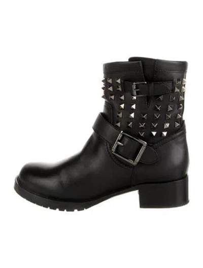 Pre-owned Valentino Garavani Rockstud Accents Leather Moto Boots In Black