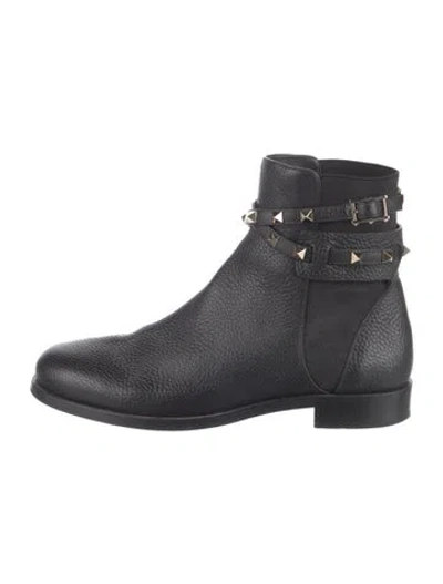 Pre-owned Valentino Garavani Rockstud Accents Leather Moto Boots In Black