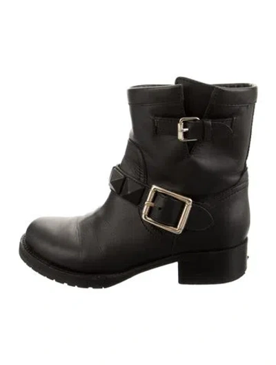 Pre-owned Valentino Garavani Rockstud Accents Leather Moto Boots In Black