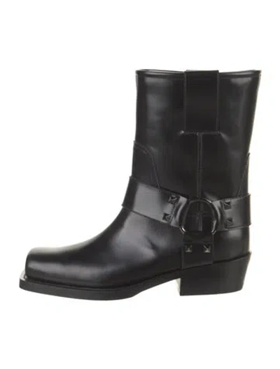 Pre-owned Valentino Garavani Rockstud Accents Leather Moto Boots In Black
