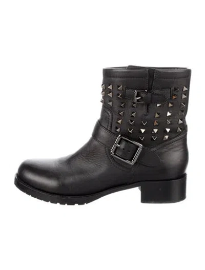Pre-owned Valentino Garavani Rockstud Accents Leather Moto Boots In Black